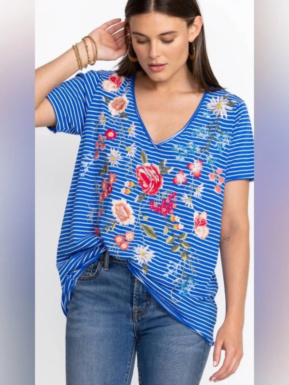 Johnny Was Catalina Everyday Tee Embroidered Floral Stripe V-Neck Tee Blue XL - Picture 2 of 11